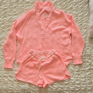 Aerie Coral Waffle Knit Kids Pajama Set